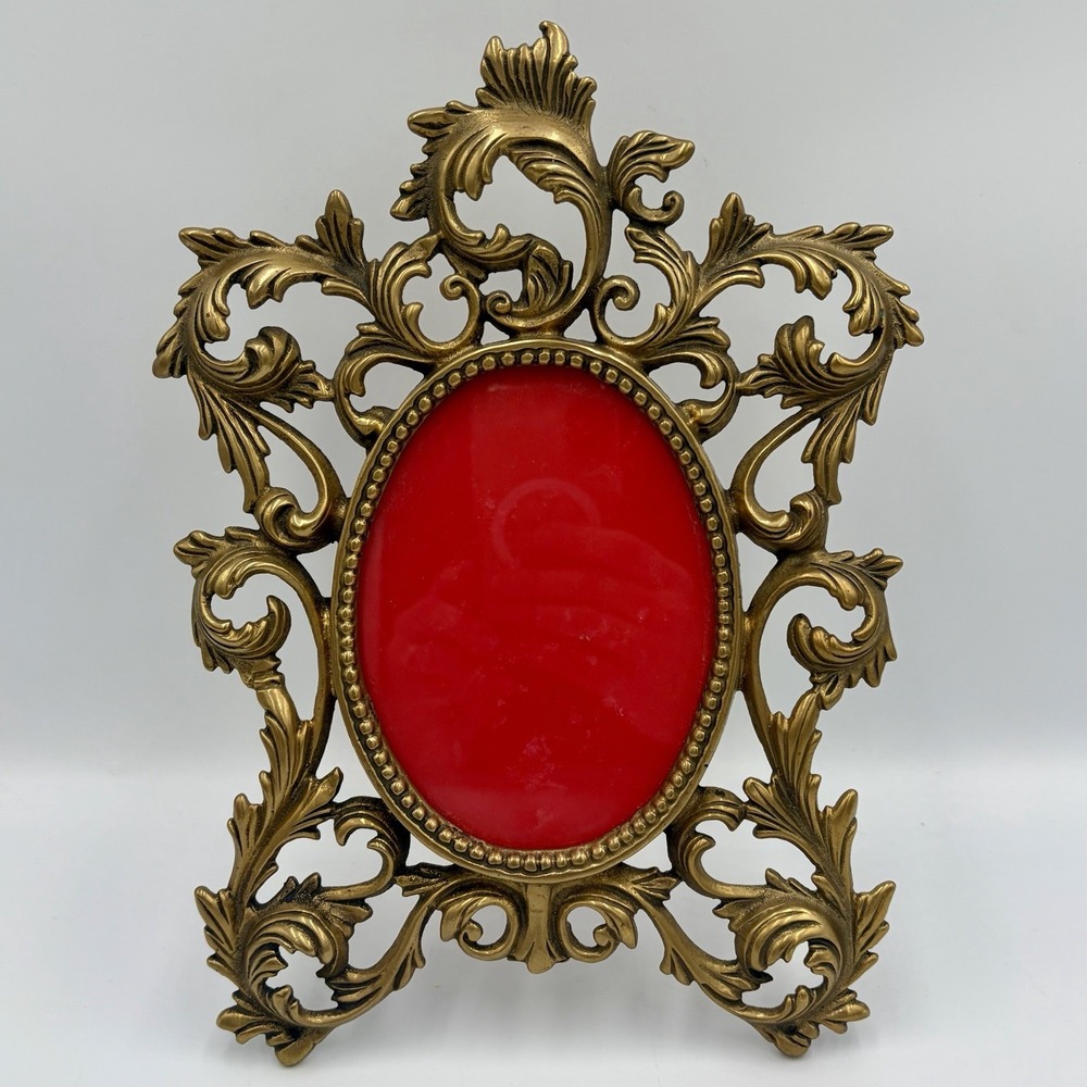Vintage Ornate Oval Brass Picture Frame Easel Back Rococo Baroque 10.5" X 7.5"